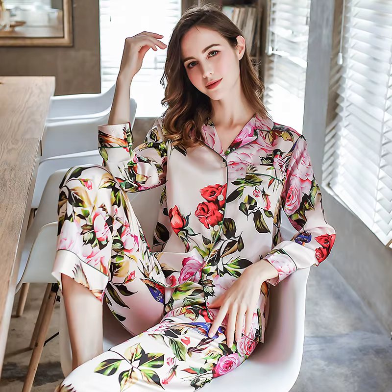 Fimtairah 6A 22MM  100% Mulberry Silk Pajamas Women Real Silk Pajama Sets Sleepwear Floral Printed Flower Long Sleeve Pyjamas