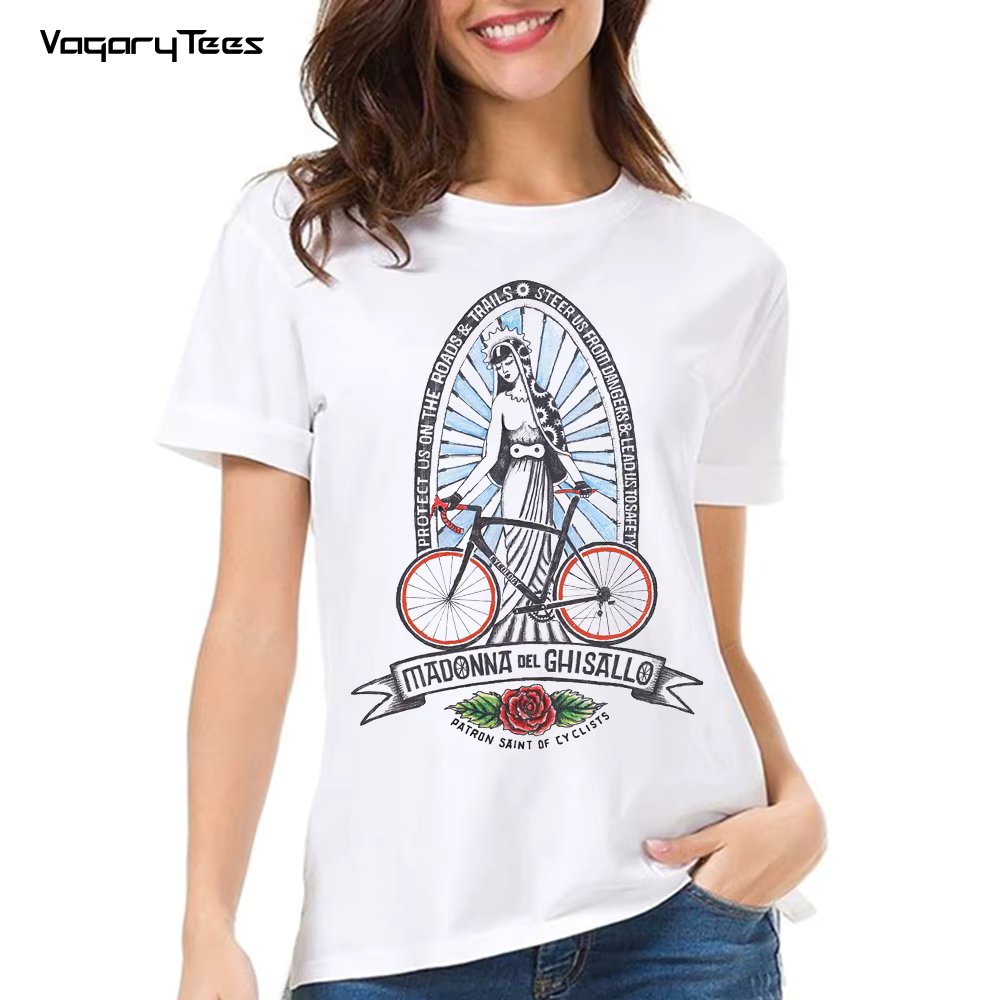 Retro Bless Bikes Madonna Del Ghisallo The Patron Saint of Cycling T-Shirt Women Short Sleeve Girl Tops Bicycle White Tees