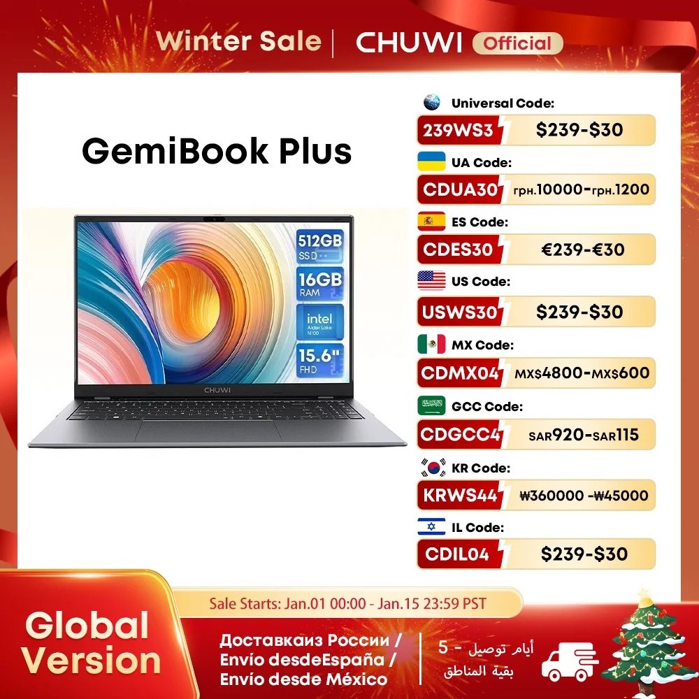 CHUWI GemiBook Plus 15.6'' Laptop 16GB RAM 512GB SSD Computer Windows 11 Laptop 12th Gen Intel Alder Lake N100 (Up to 3.4GHz)