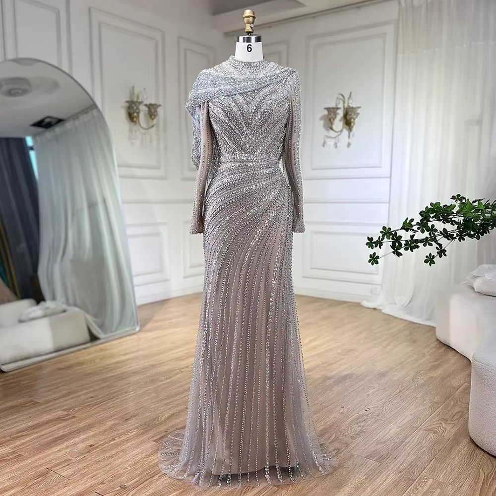 Serene Hill 2024 Muslim Silver Nude Beaded Sparkle Elegant  Mermaid Evening Dresses Gowns for  Party LA70752H Customized