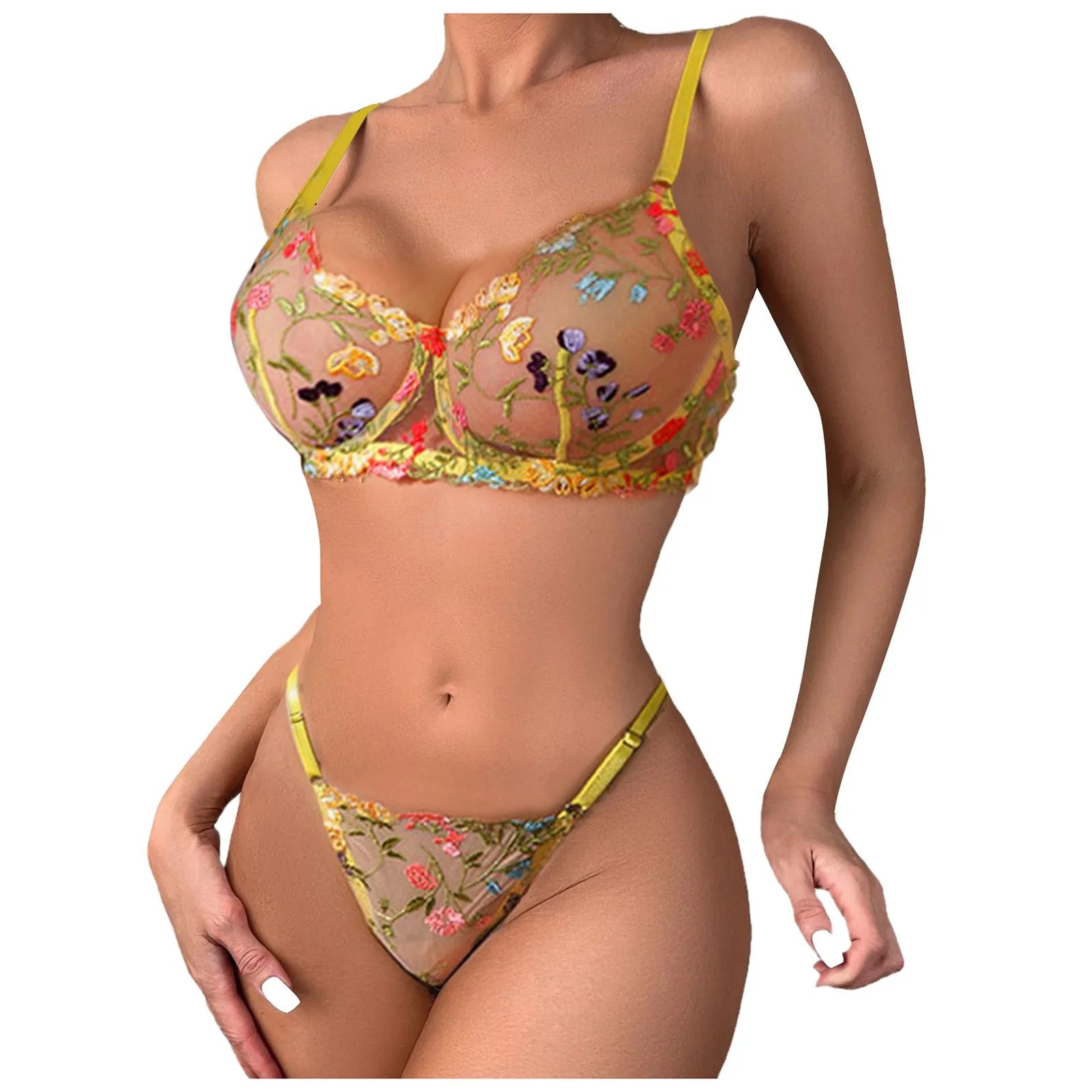 Ladies Solid Sexy Yellow Lingerie Set Spring Flower Embroidered Brassiere Panties Women Erotic Sexy Underwear Set Lenceria