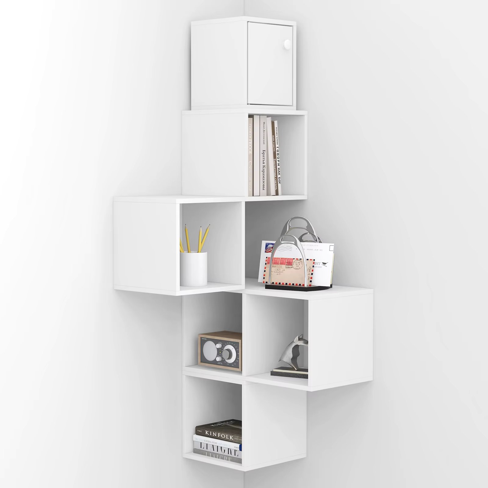 White Wall Shelf Floating Bookcase Modern Hanging Corner Shelf Cube Shelf CD Rack Display for Living Room Decoration