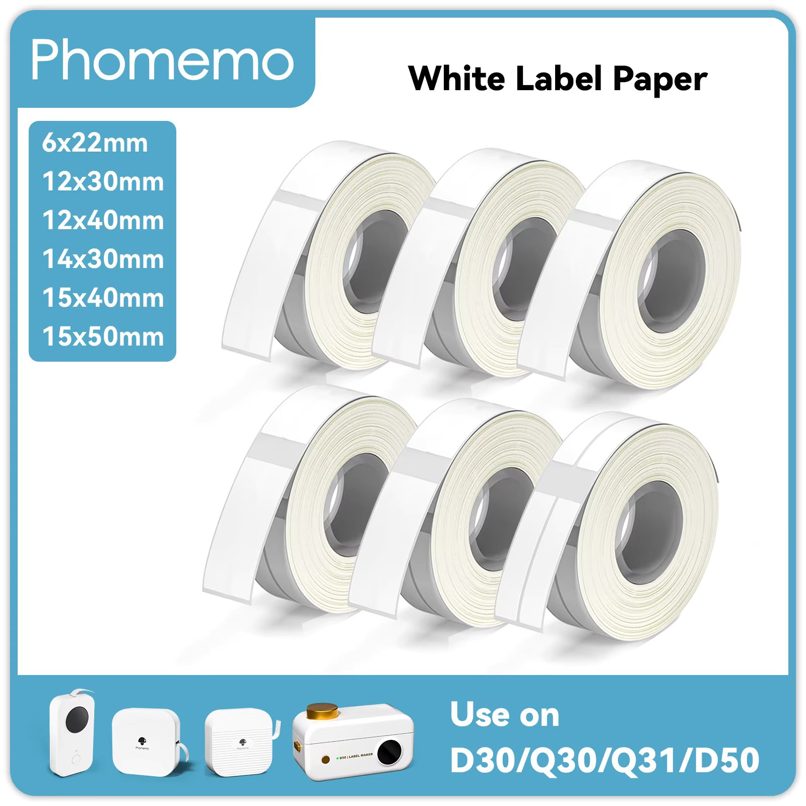 Phomemo 3 Rolls Q30 White Sticker Waterproof Paper Adhesive Label White Anti-Oil For Q30 D30 Mini Portable Thermal Printer Tape