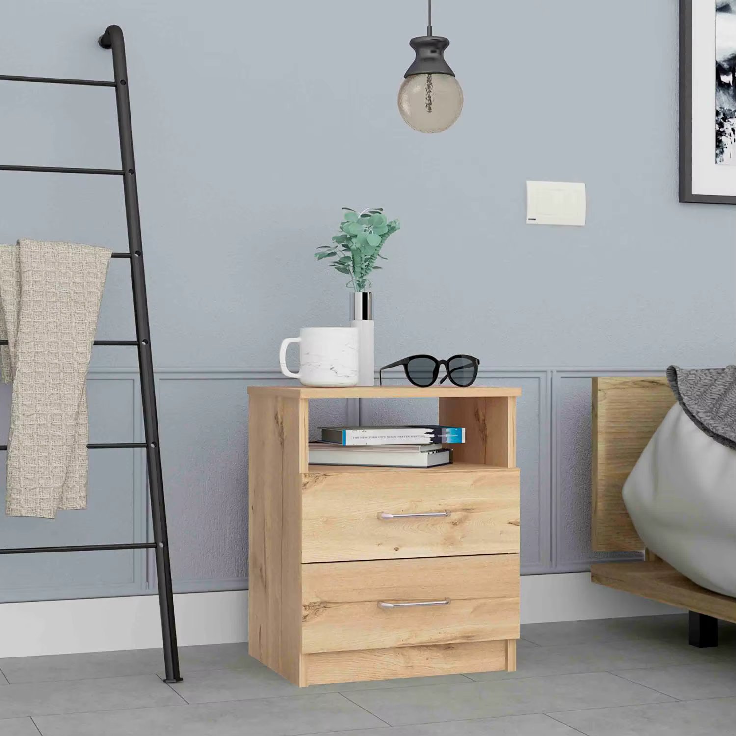 Napoles Nightstand, Superior Top, Two Drawers, One Shelf Light Oak