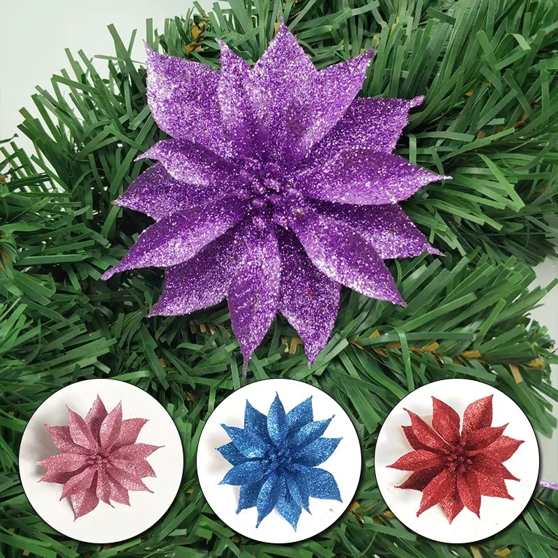 10cm Glitter Artificial Flower Double Layer Christmas Flowers Home Merry Christmas Tree Decoration DIY Wedding Flower Head Rose