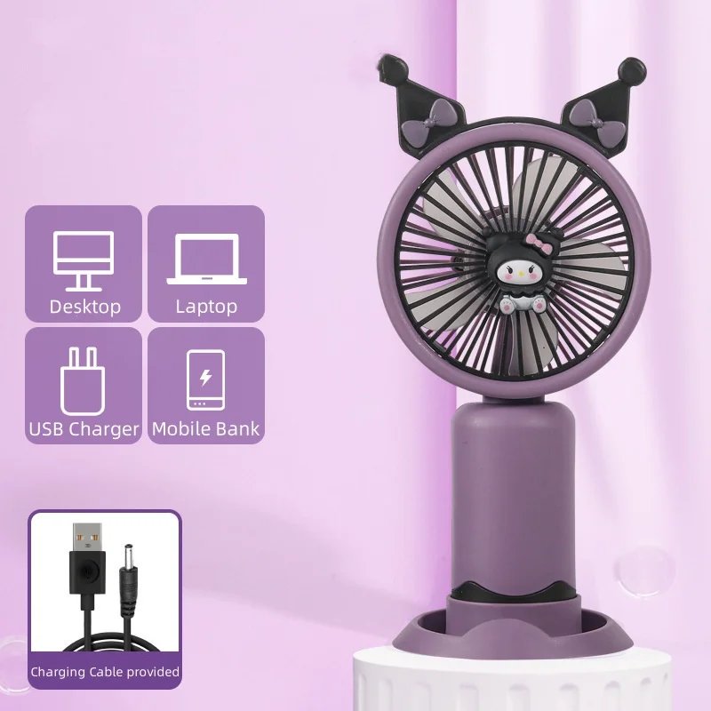 Kawaii Sanrio Hello Kitty Summer Fan with Charge Cable Cartoon Kuromi My Melody Phone Holder Portable Phone Stand Gifts for Kids