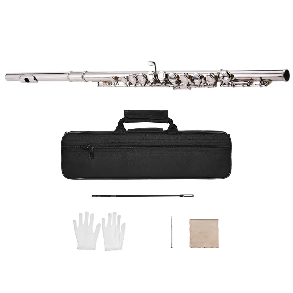 Western Concert Flute Nickel Plated 16 Holes C Key Cupronickel Woodwind Instrument with Cleaning Cloth Stick Gloves