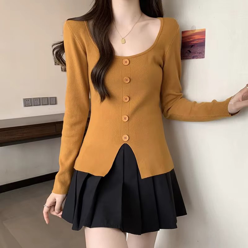 French Square Neck Sat Shoulder Knit Women Spring Autumn Slim Fit Eener T-Shirt KN1732