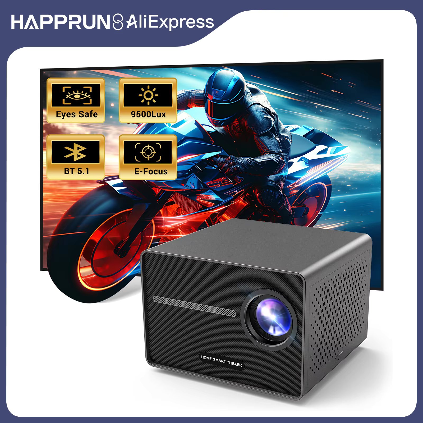 HAPPRUN Electric Focus Mini 1080P Bluetooth Projector, 200" Outdoor Movie Support, Compatible with Smartphone/HDMI/USB/PS5