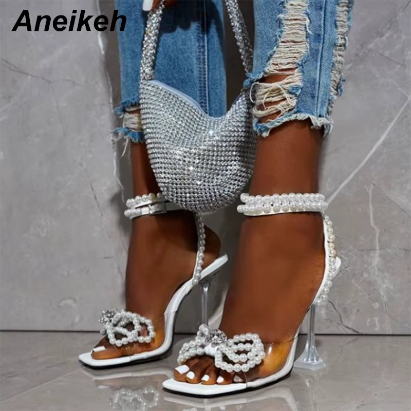 Aneikeh 2024 Summer White String Bead High Heels Wedding Shoes Butterfly-Knot Narrow Band Thin Heels  Square Toe Party Sandals
