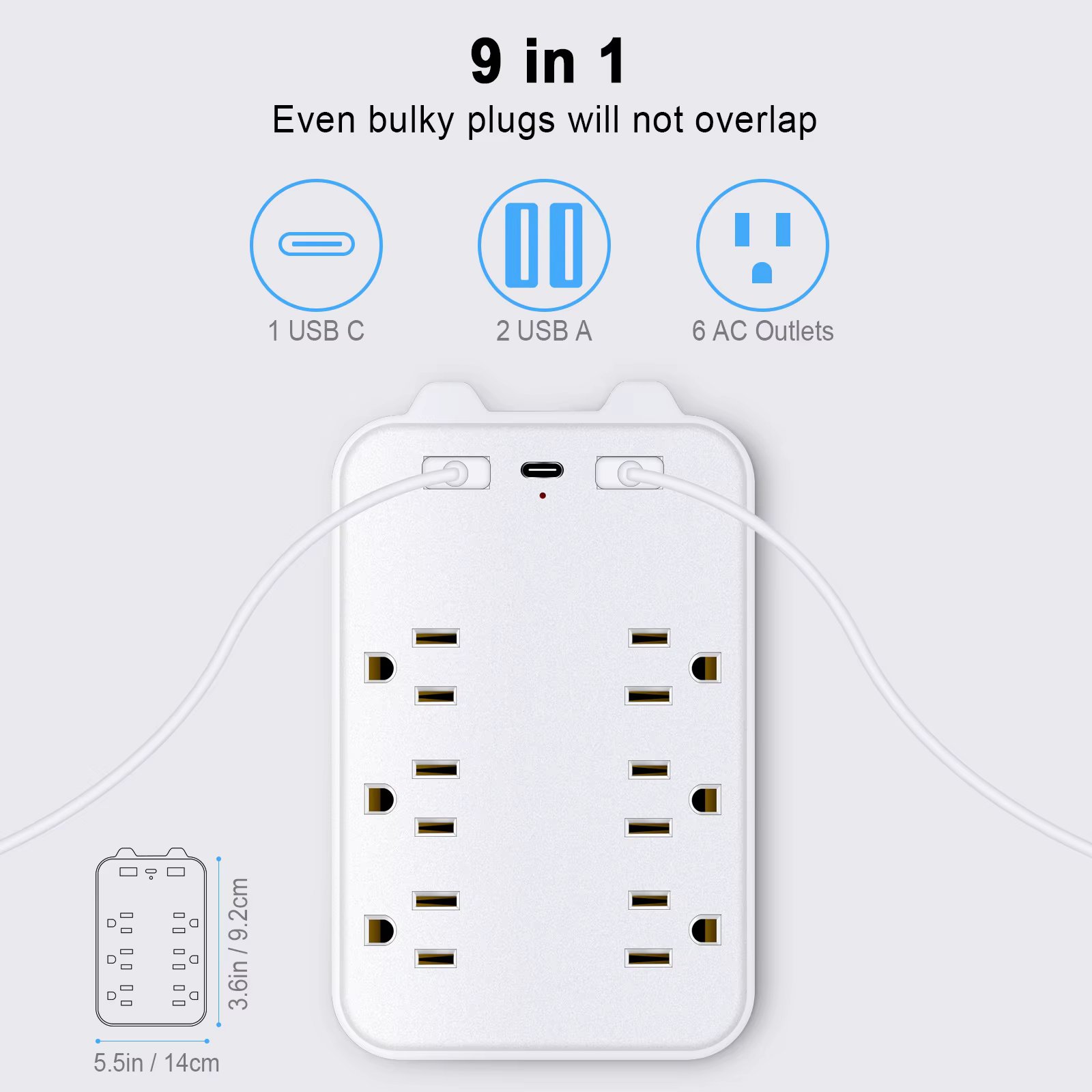 9in1Surge Protector 6Outlet Extender with 2 USB&1Type-C Ports Power Strip Multi Plug Outlets Wall Adapter Spaced for Home Travel