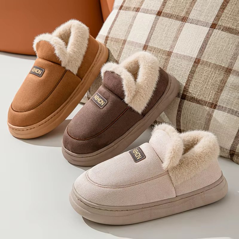 Evshine Warm Furry House Cotton Slippers For Women Men Winter Outdoor Plush Lined Cotton Shoe Indoor Antiskid Cozy Fluffy Slides