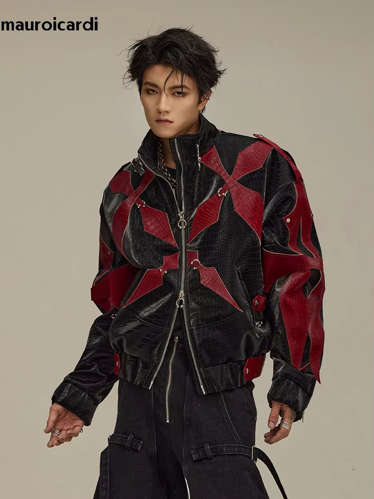 Mauroicardi Spring Autumn Cool Handsome Crocodile Print Patchwork Pu Leather Jacket Men Color Block Luxury Designer Clothes 2024