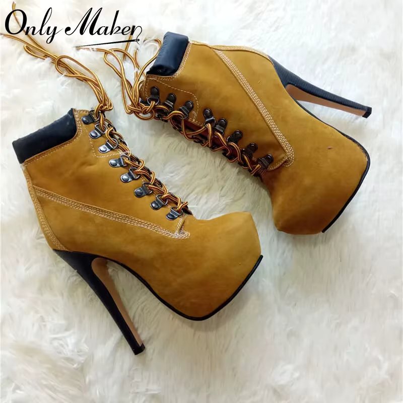 Onlymaker Women Lace-Up Ankle Boots Shoes 16cm High Thin Heel 4cm Platform Fashion Heels Boots Plus Size 35-46