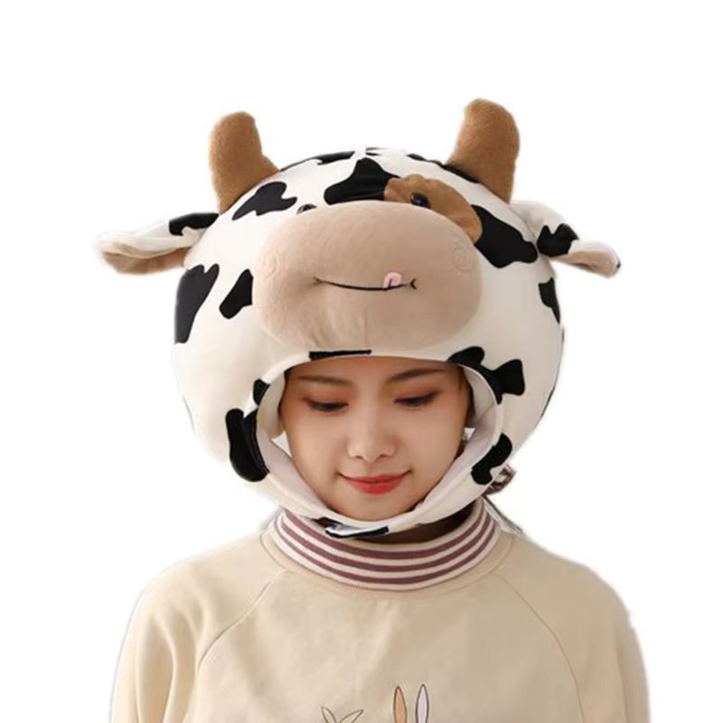 Funny Milk Cow Head Plush Hat Pillow Spot Print Cartoon Animal Stuffed Toy Headgear Cap Cosplay Party Photo Props