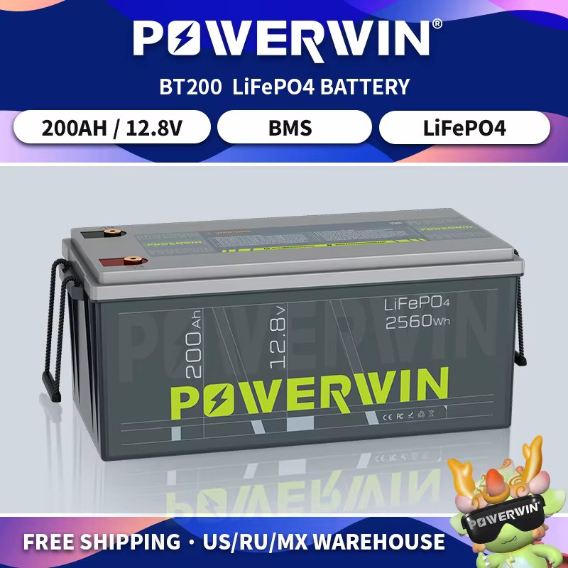 POWERWIN 12.8V 200Ah GradeA LiFePO4 BT200 2560Wh/1280W Built-in 200A BMS 4000+ Deep Cycle Solar Rechargeable Fish Boat