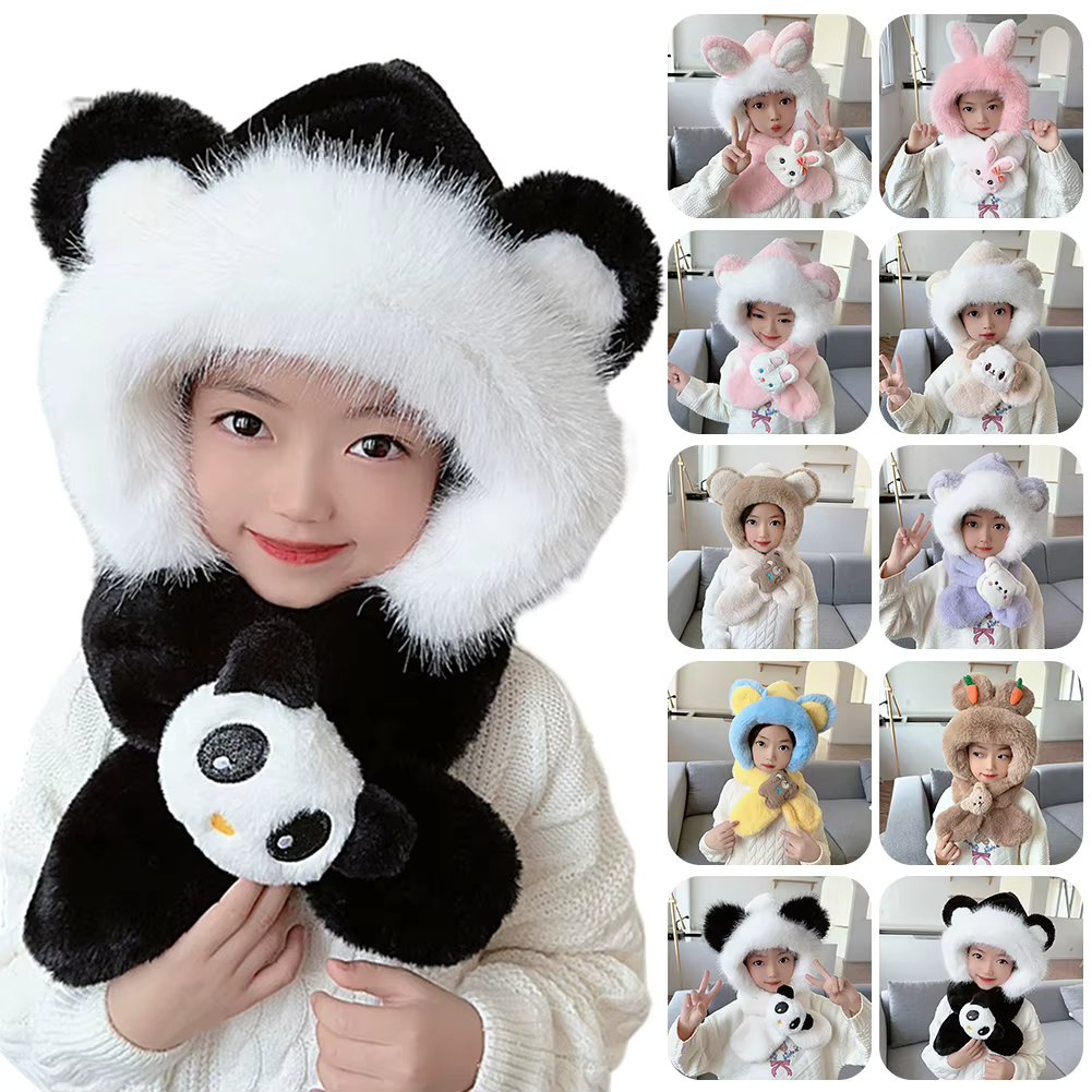 New Winter Kids Warming Hats Scarf for Boy Girl Cartoon Animal Onesie Hats Scarf Outdoor Windproof Cap Kid's Soft Hooded Scarf