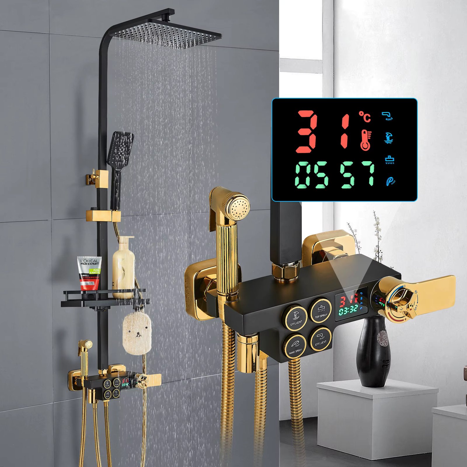 4-Function Button Digital Display Shower Faucet Set Chrome Rain Shower Column Constant Temperature Shower Wall Mounted