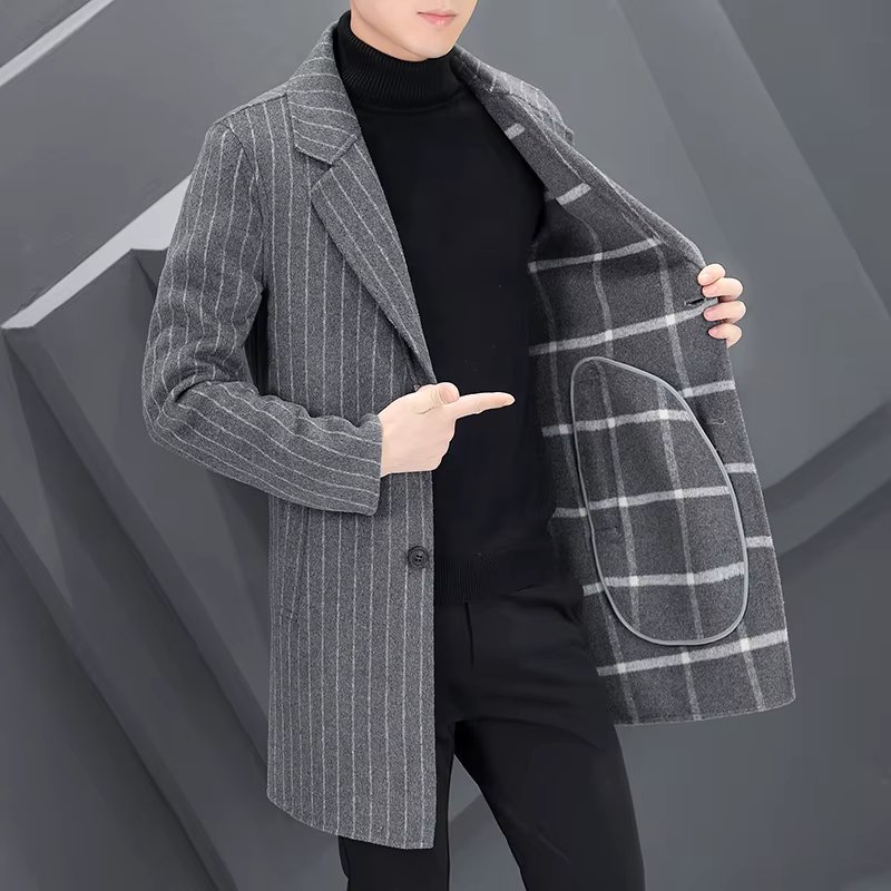 Business Casual Men's Autumn Winter Striped Woolen Coats Mid-Length Outwear Top Wool Overcoat Daily Thick Warm Windbreak Jackets