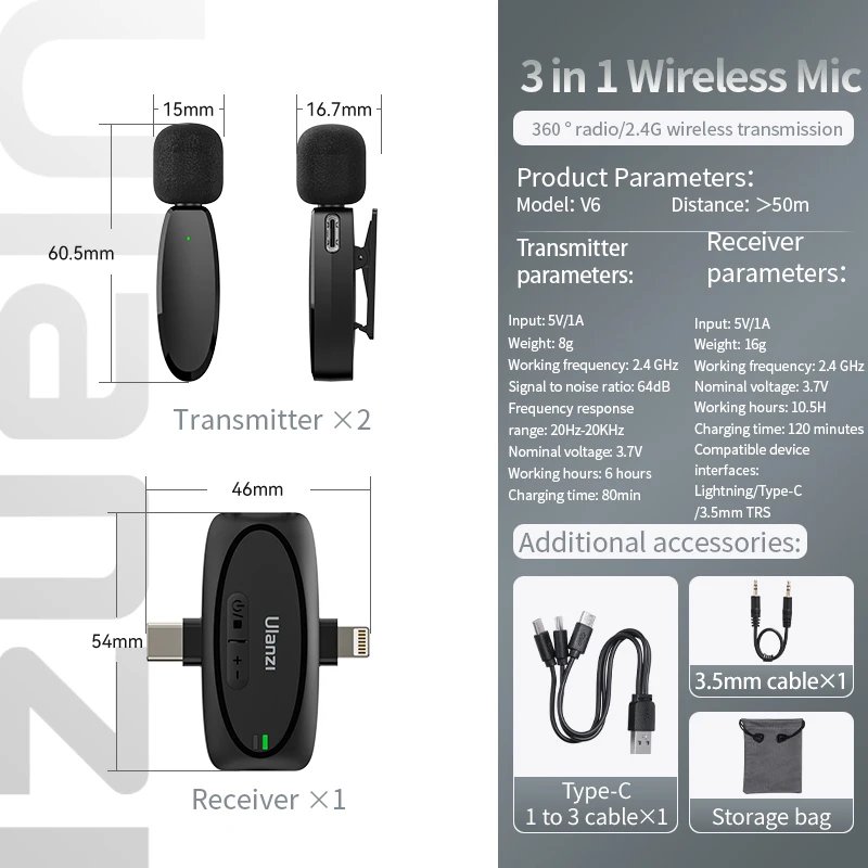 Ulanzi V6 Lavalier Microphone Wireless 3 in 1 for iPhone 15 14 13 Android Type C Lightning Camera Portable Audio Record Mini Mic