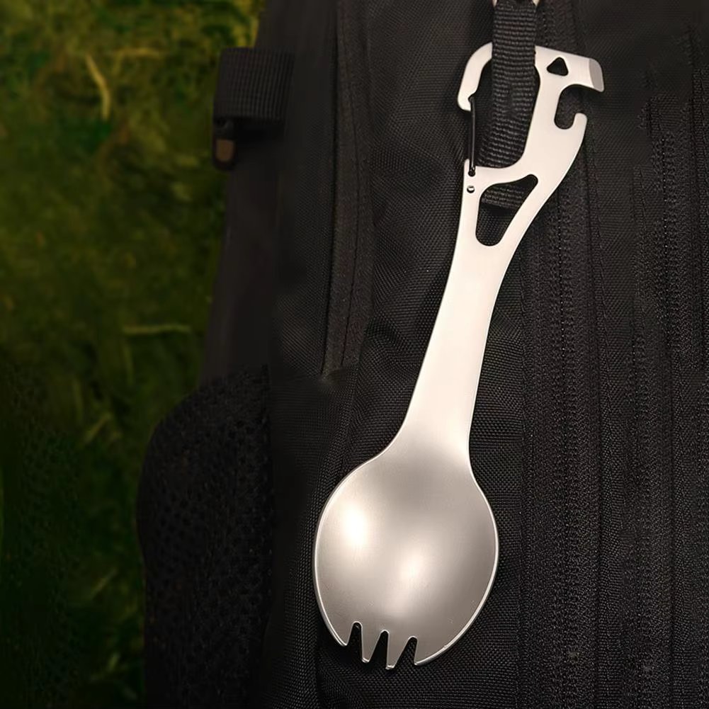 Camping Spork  Reusable Comfortable Grip Sandblasting  Portable Camping Combination Spoon Outdoor Supplies
