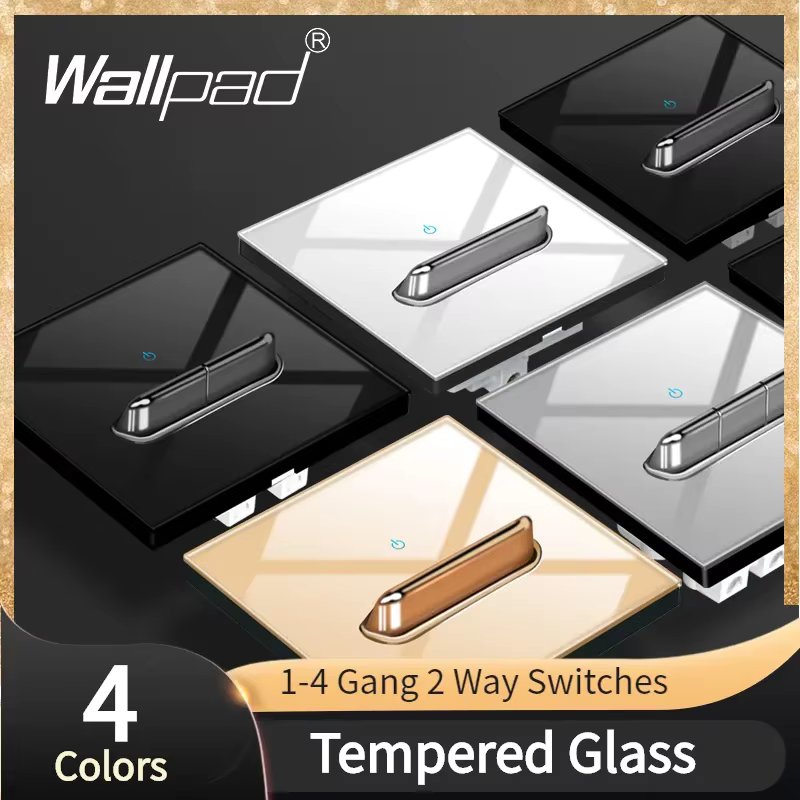 Wall Light Switch Chrome Toggle Press Button Tempered Glass Plate Blue LED Light 1 2 3 4 Gang White Black Gray Gold
