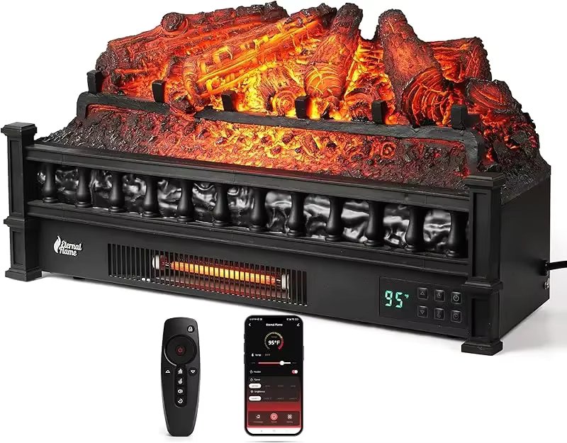 Eternal Flame 26 Inch Infrared Quartz Electric Fireplace Log Heater,Realistic Pine Logs,Adjustable Flame Color,Remote control