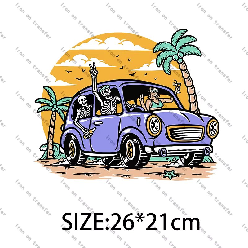 Summer Trend Mountain Car Letter Sunset Iron On Transfer on Jackets Bags Socks Pillow Clothes Fusible Patch Stickers on Fabric