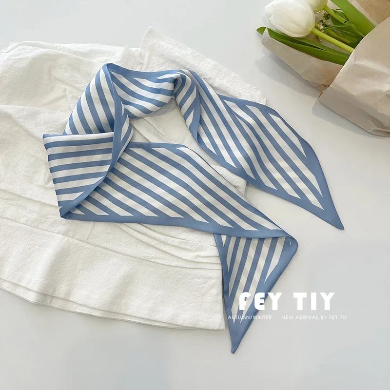 Misty blue small silk scarf women's ins style long streamer tie bag hair tie silk scarf spring and summer