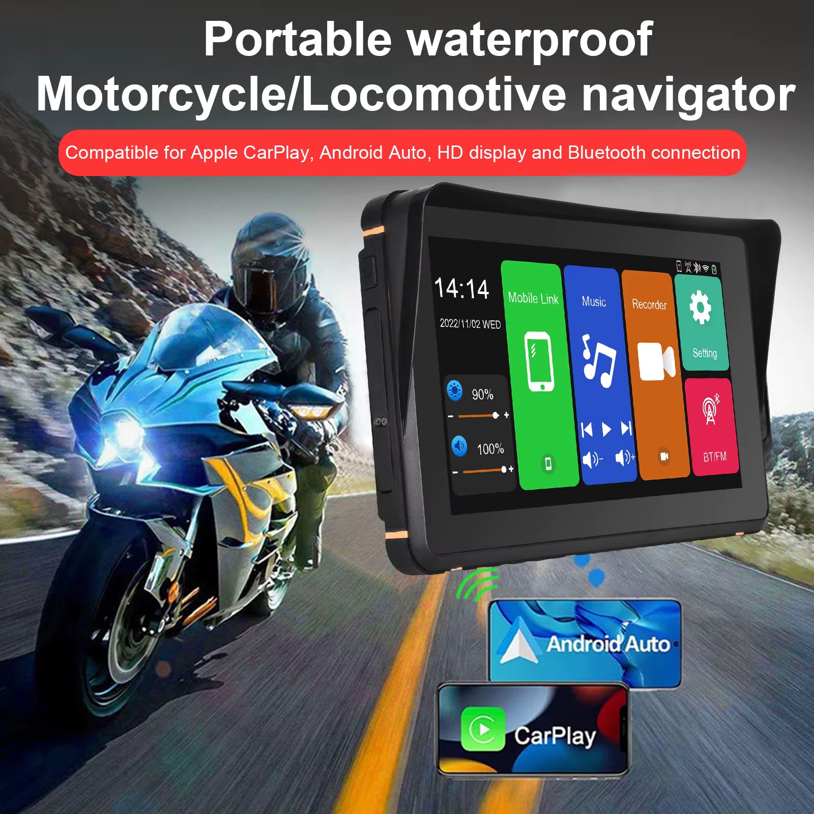 7 "IPS Touch Motorcycle Special Navigator Motorcycle Wireless CarPlay Android Auto Monitor IPX7 water-safe WiFi BT GPS Navigator