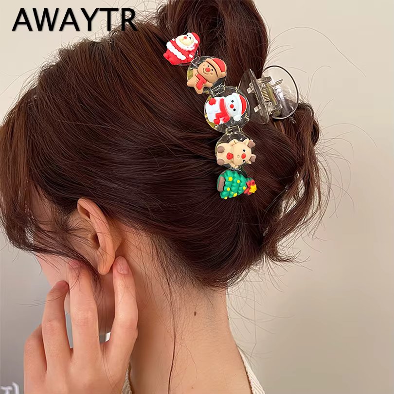 AWAYTR Christmas Transparent Acrylic Hair Clip New Cute Large Hair Claw Barrettes Santa Claus Hairpin Hair Accessories Headwear