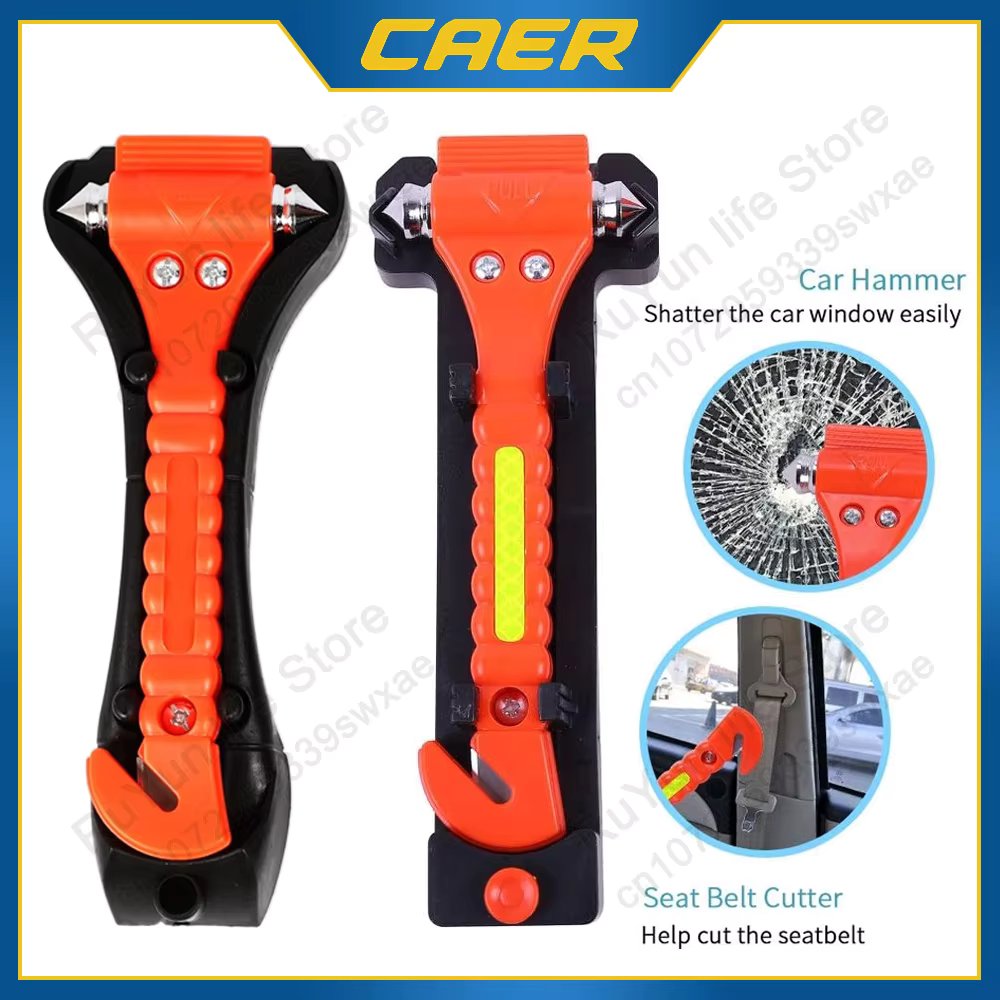 CAER Window Breaker Seatbelt Cutter 2-in-1 Emergency Car Glass Punch Hammer Auto Escape Life Rescue Tool Light Reflective Tape