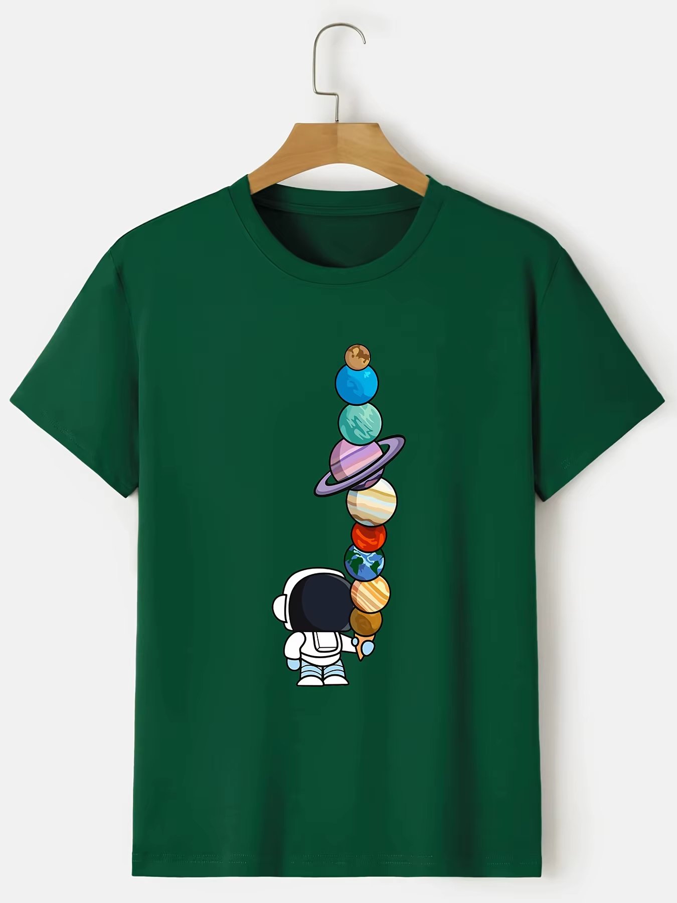 Men's Summer 100% Cotton Cartoon Astronaut Planet Print Loose Large Casual Round Neck Short Sleeve T-shirt