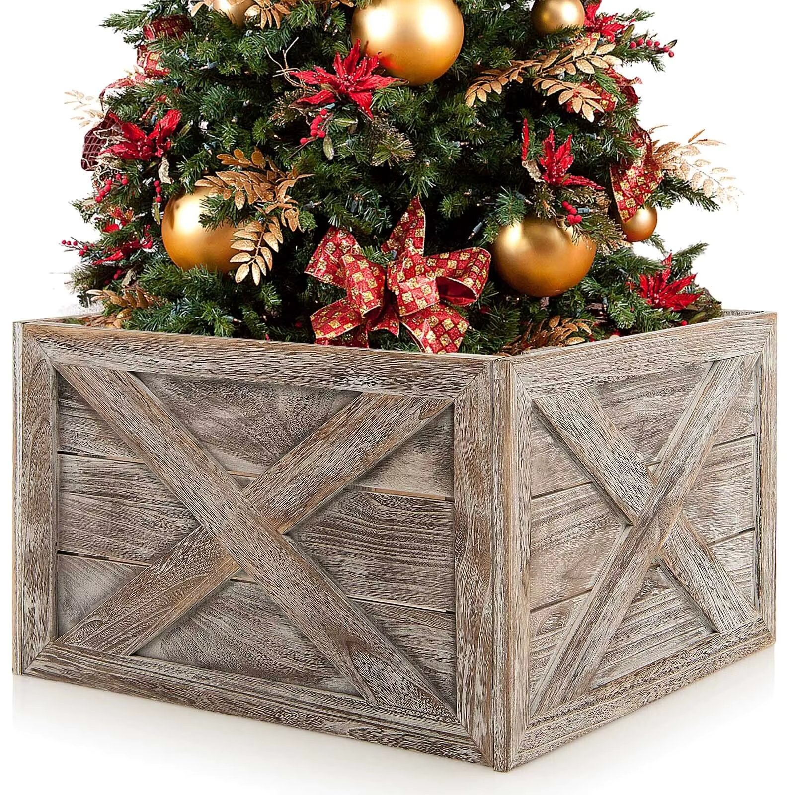 DORTALA Christmas Tree Collar Box Wooden Tree Box Stand Cover W/ Hook & Loop Fastener