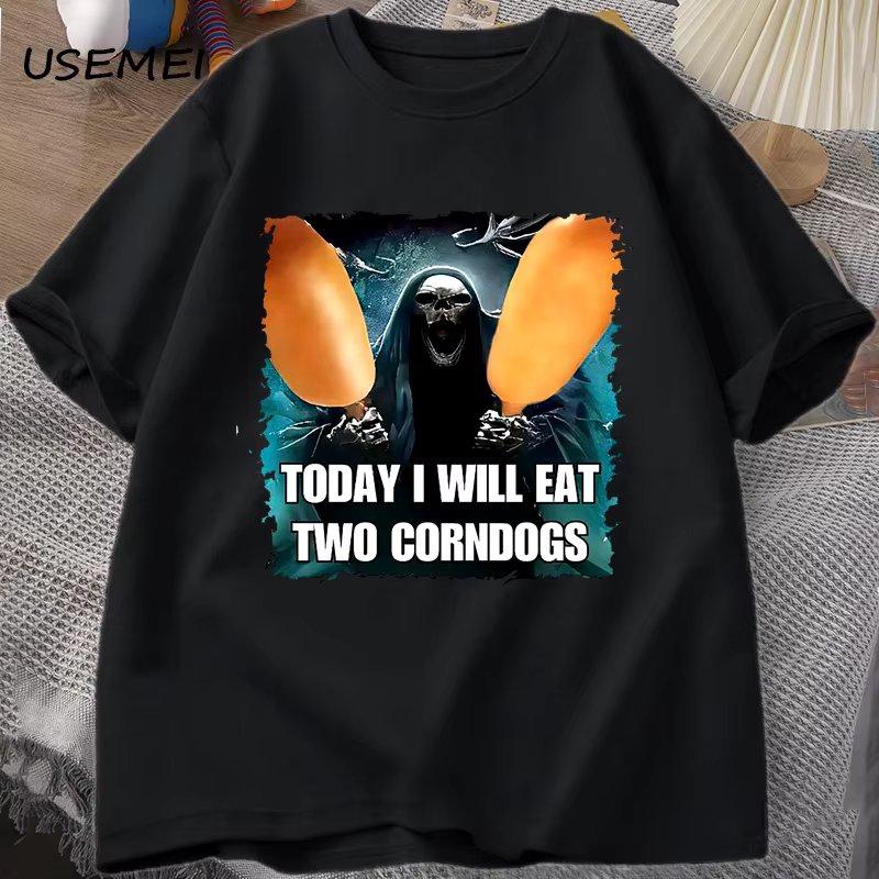 Evil Skeleton Meme T Shirt Women Men Today I Will Eat Two Corn Dogs Tshirt Oversized Cotton Short Sleeve T-shirt Unisex