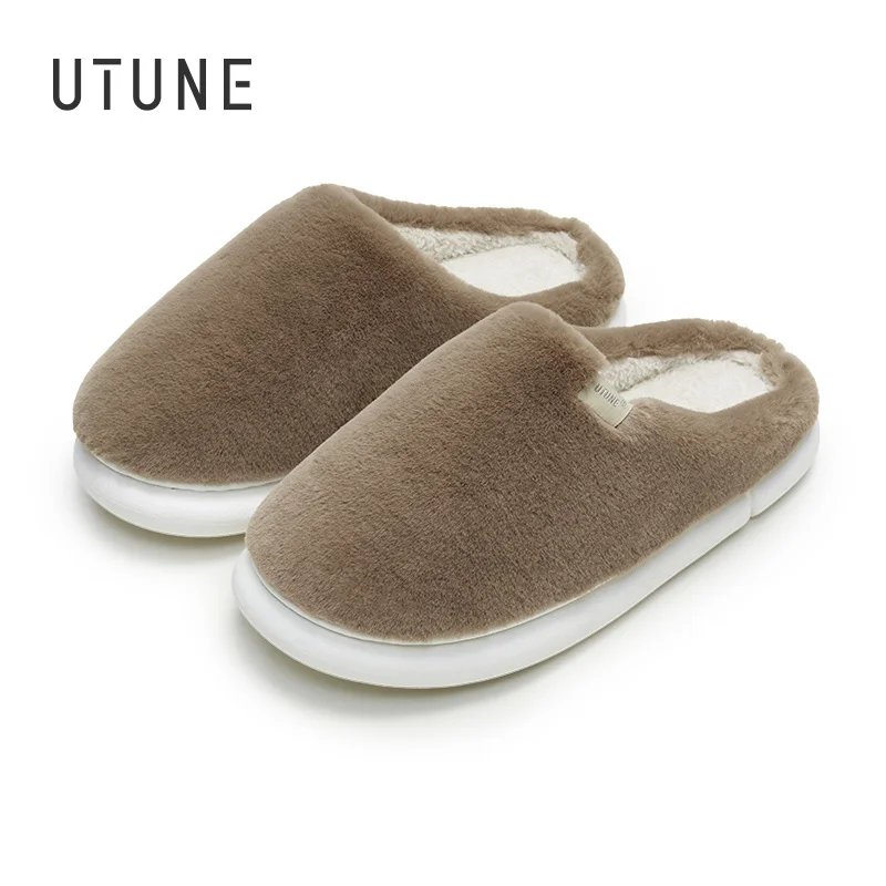 UTUNE Women Winter Indoor Slippers Fluffy Men Home Flats Non-slip Platform Warm Plush Couple Family House Shoes Concise Slipper
