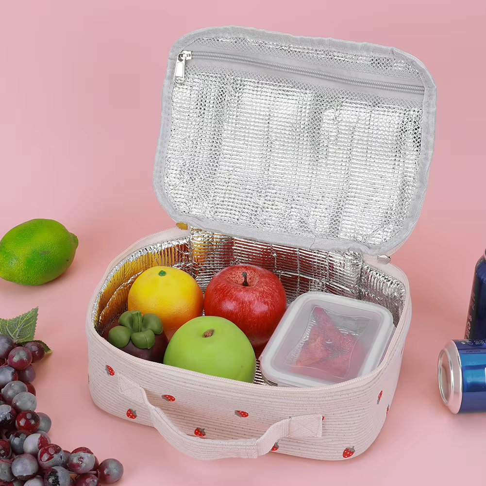 Corduroy Insulated Lunch Bag for Girls Women Strawberry School Lunch Tote with Cooler Compartment Lunch Case Container for Work