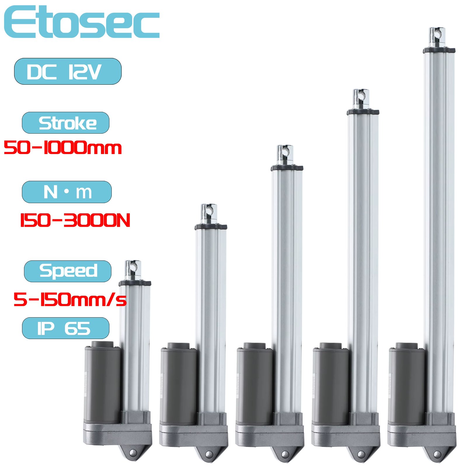 Etosec 12V IP65 Waterproof  3000N Linear Actuator 150mm 400mm 550mm 850mm 1000mm Stroke Solar Tracker Motorisation Motor 150mm/s
