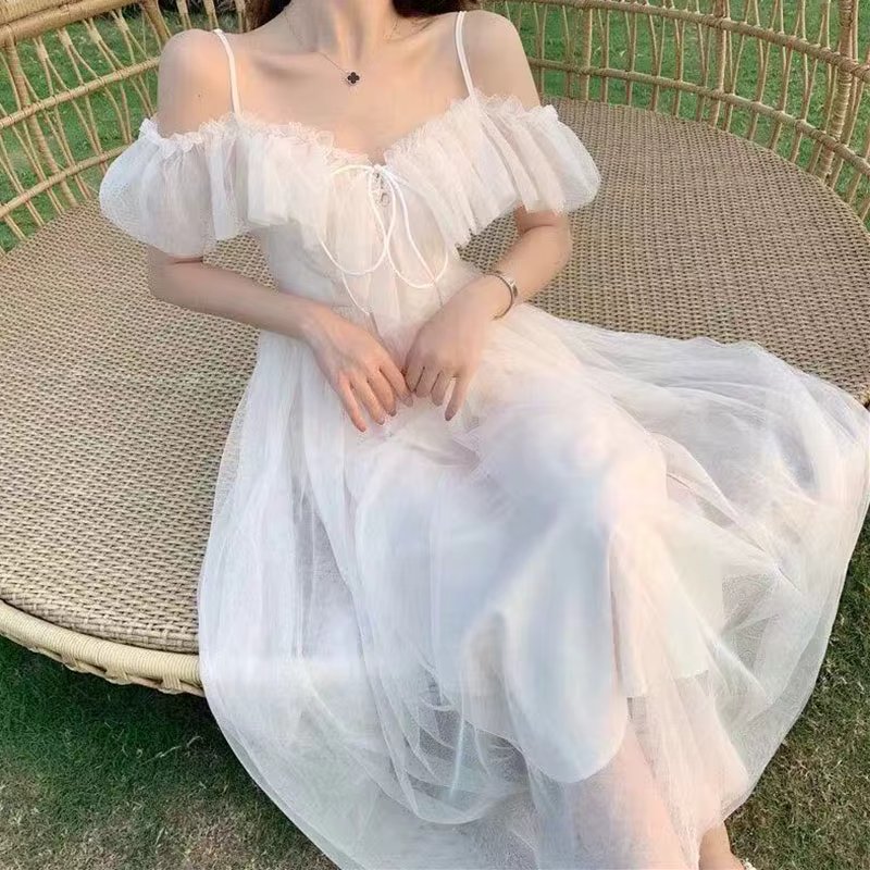 Fairycore Mesh Dress Woman 2023 Summer Low Chest Off Shoulder Lace-Up White Dresses Women Sexy Sweet Spaghetti Strap Dress