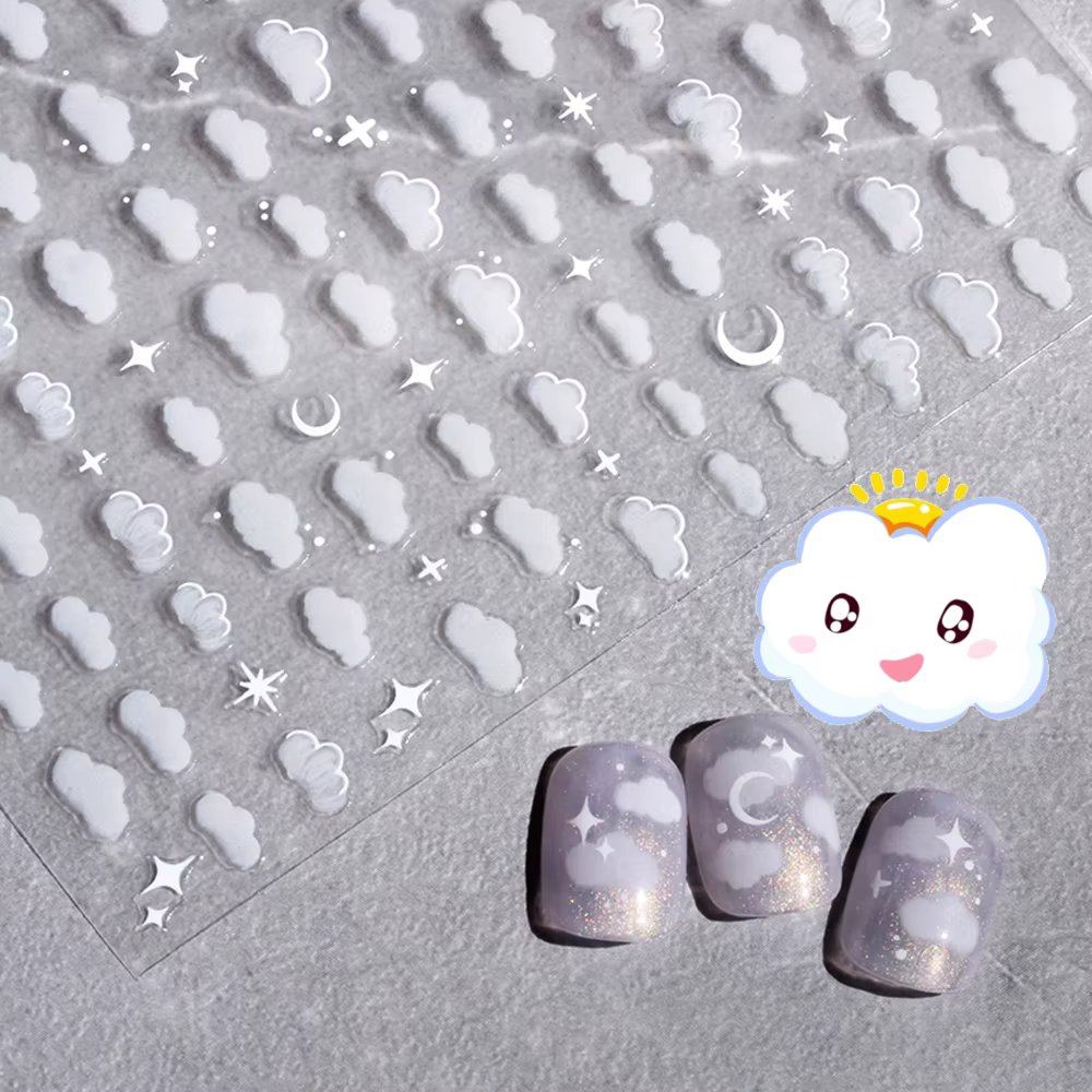 1Sheet Korean White Cloud Blue Nail Art Sticker 3D Star Moon Decal Pure Twilight Self-adhesive Manicure Slider Accessories RE#53