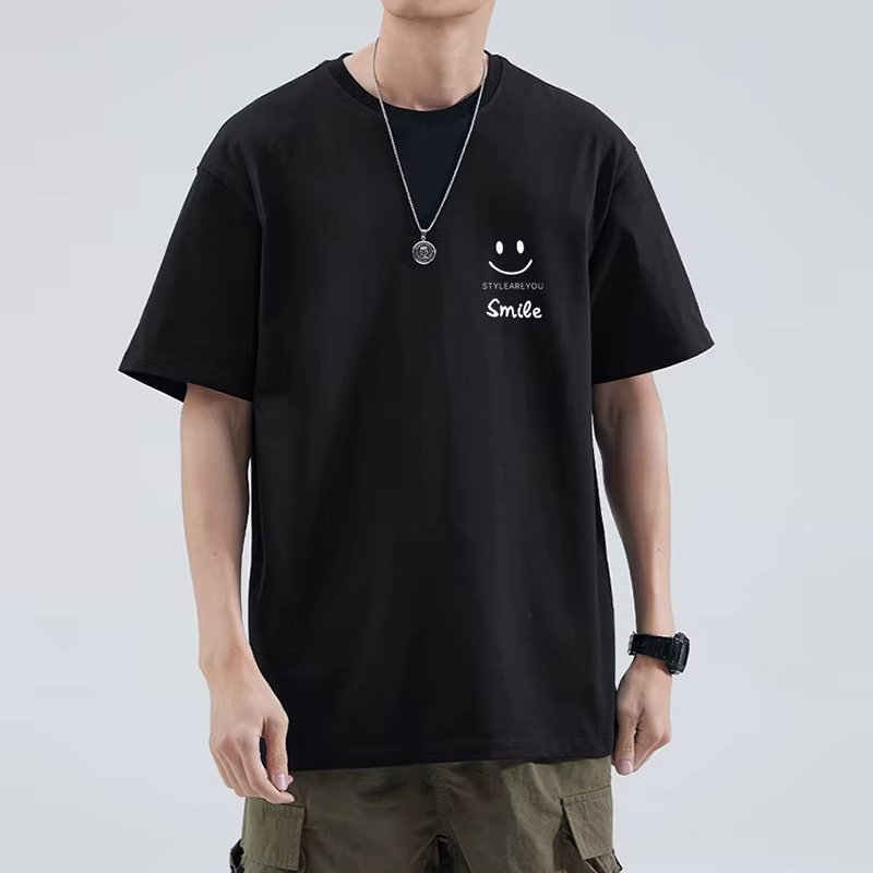 Trend in Smile-type printing loose-over-fit box round cotton 100% short-sleeve long T-shirt Daily Casual TS2588