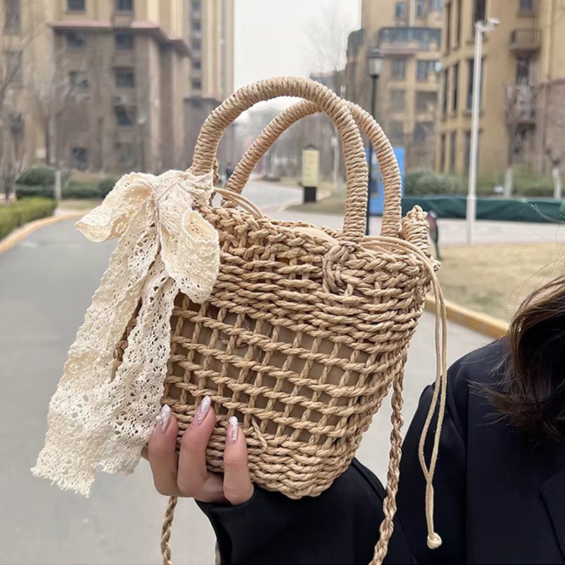 Casual Hollow Out Weaving Shoulder Bags For Women Small Square Scarf Decor Crossbody Bag Purse Female Fashion Handbag Clutch