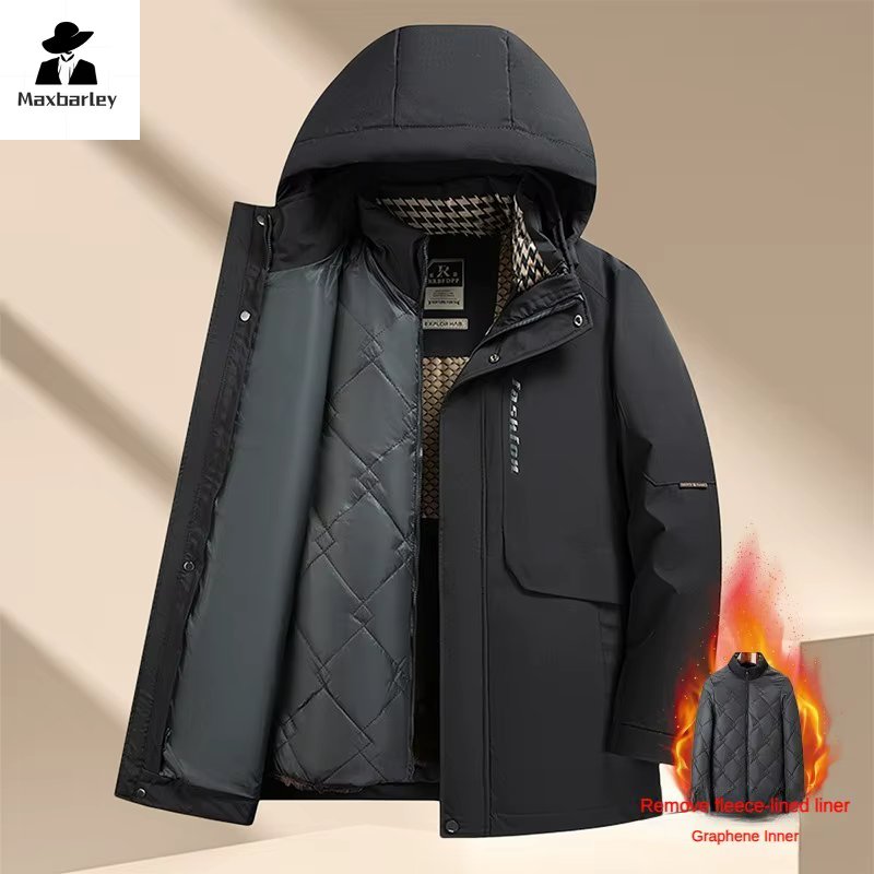Men's Winter Jacket Fashion Thick Warm 3 in 1 Detachable Graphene Liner Down Cotton Coat Men Business Hooded Waterproof Parka