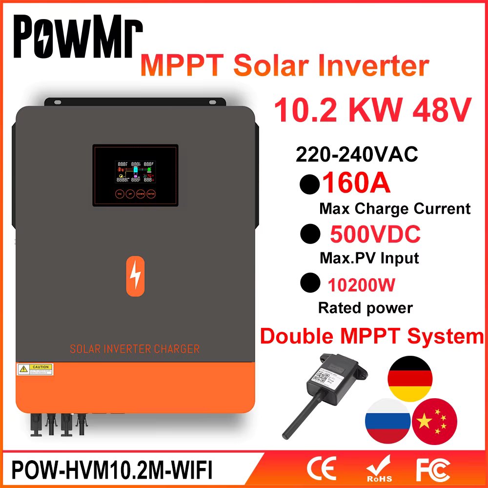 PowMr 10.2KW Grid Tied Inverter 48V 230V 160A Pure Sine Wave Hybrid Solar Inverter With Double MPPT On/Off Grid Solar Inverter