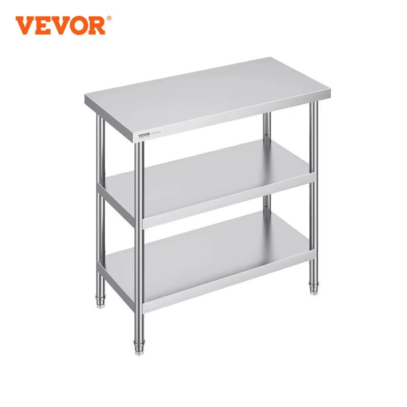 VEVOR Stainless Steel Food Prep Table Commercial Kitchen Worktable with 2 Adjustable Undershelf for BBQ Kitchen Home and Garage