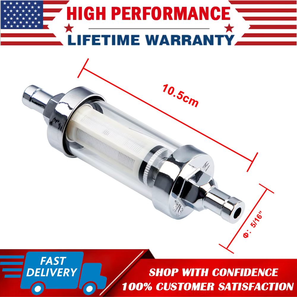 5/16" Universal Chrome Glass Clearview Fuel Filter Petrol Diesel Inline Reusable