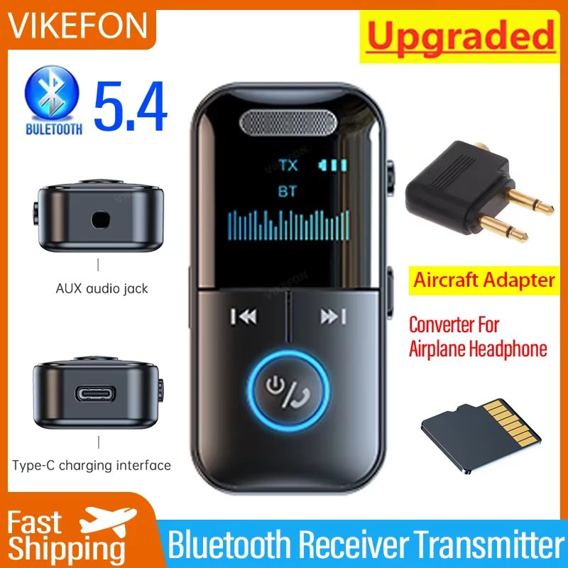 VIKEFON Bluetooth 5.4 Receiver Transmitter 3.5mm AUX TF Card Playback HiFi Wireless Audio Adapter With Mic LED Digital Display