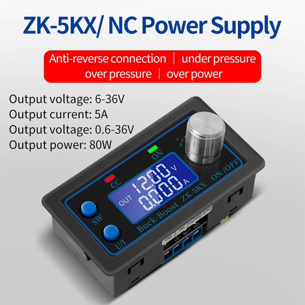 ZK-5KX CNC DC Automatic Buck Boost Converter CC CV 0.6-36V 5A 80W Power Supply Module LCD Adjustable Regulated Laboratory Power