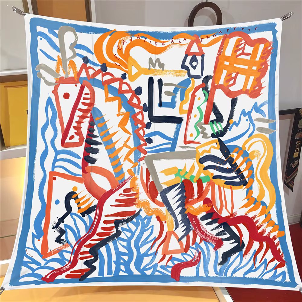 Silk Scarf Women Graffi Horse Print Square Scarves Head Echarpes Silk Foulards Femme Wraps Beach Shawls Bandana Lady Hijabs 90CM