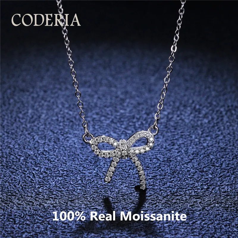 Pass Diamond Test Lab Moissanite Total 0.5 Carat Bow Necklace Pendant 925 Sterling Silver Platinum Plated Luxury Jewelry